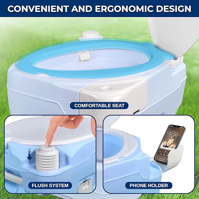 SereneLife 4 Gallon Portable Toilet with Extra Large Seat – Outdoor Camping Toilet with Flush, 3.2 Gallon Fresh Water Tank, Hand Sprayer, Funnel & Phone Holder for RV, Boat, Travel, Indoor/Outdoor Use