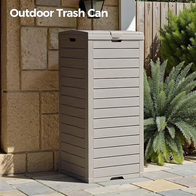 38 Gallon Outdoor Trash Can Waterproof Resin Garbage Can with Tiered Lid & Drip Tray Indoor and Outdoor Use Trash Bin for Patio Kitchen, Backyard & Deck, Gray