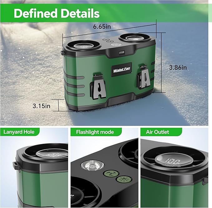 Waist Fan, Portable Wearable Belt Personal Fan Lightweight 20000mAh Up to 40H Work Time LED Light 10 Speeds Dual Brushless Motor One-Button Shutdown Hands Free for Fishing Hiking Camping Traveling