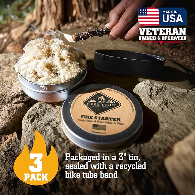 Fire Starter Natural Wood Fiber Tinder, Water Resistant, Survival Kit Camping Kit in Waterproof Tin