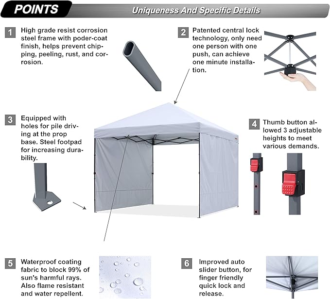 ABCCANOPY Easy Pop up Canopy Tent with 2 Sidewalls for Outdoor Sun Blocking or Rain Protection,10x10, White