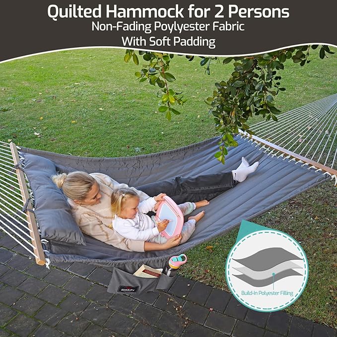 Double Quilted Fabric Hammock with Hardwood Spreader Bars and Pillow 450 LBS Capacity 2 Person Large Hammock for Outdoor Patio Backyard Poolside - Terracotta