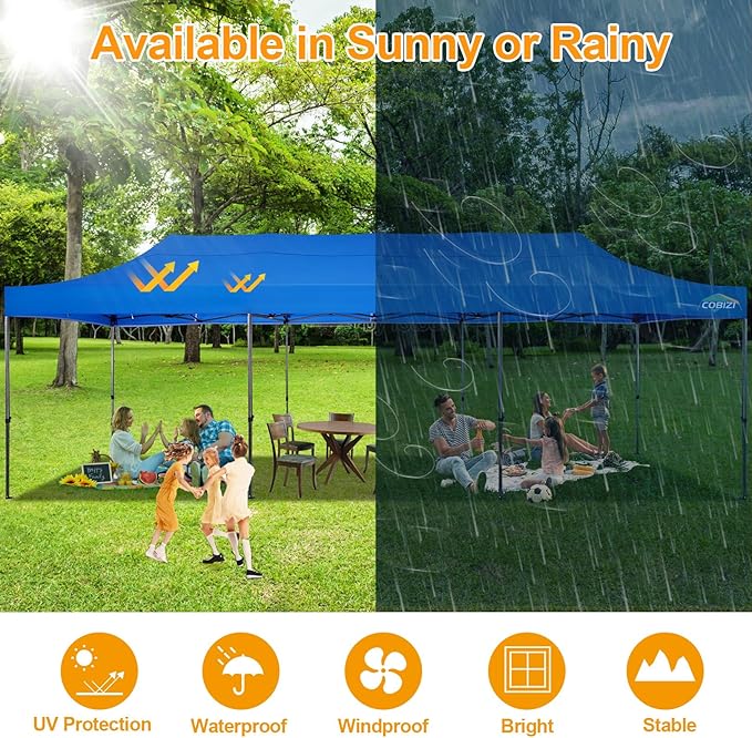 COBIZI 10x30 Pop Up Canopy Without Sidewall,Heavy Duty Canopy UPF 50+ All Season Wind Waterproof Commercial Outdoor Wedding Party Tents for Parties Gazebo with Roller Bag(10 x 30 ft Blue)