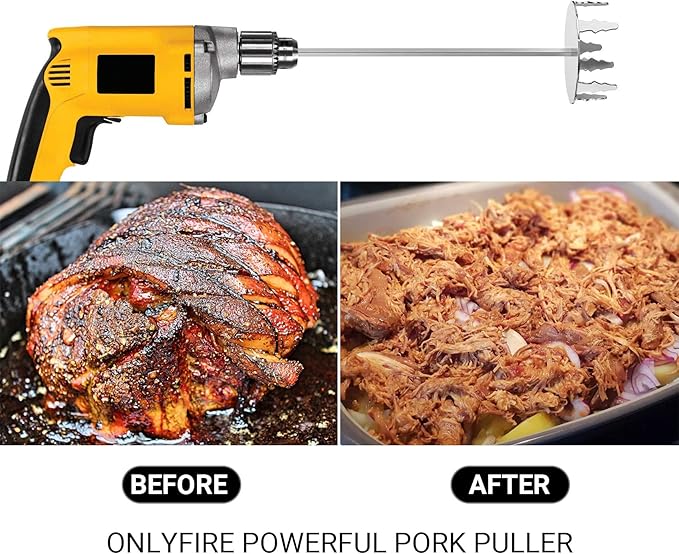 Onlyfire 4 Inch Pork Puller, Upgraded Ultra-Sharp Stainless Steel Meat Fork Meat Shredder Used with Standard Hand Drill for Beef, Chicken, Potato Masher and Tamale Meat