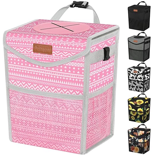 Car Trash Can with Lid, Cute Leakproof Car Trash Garbage Bag Hanging Vehicle Trash Bin Small Portable Automotive Garbage Cans Organizer for Back/Front Seat/Console(2.8 Gallons,Pink Print)
