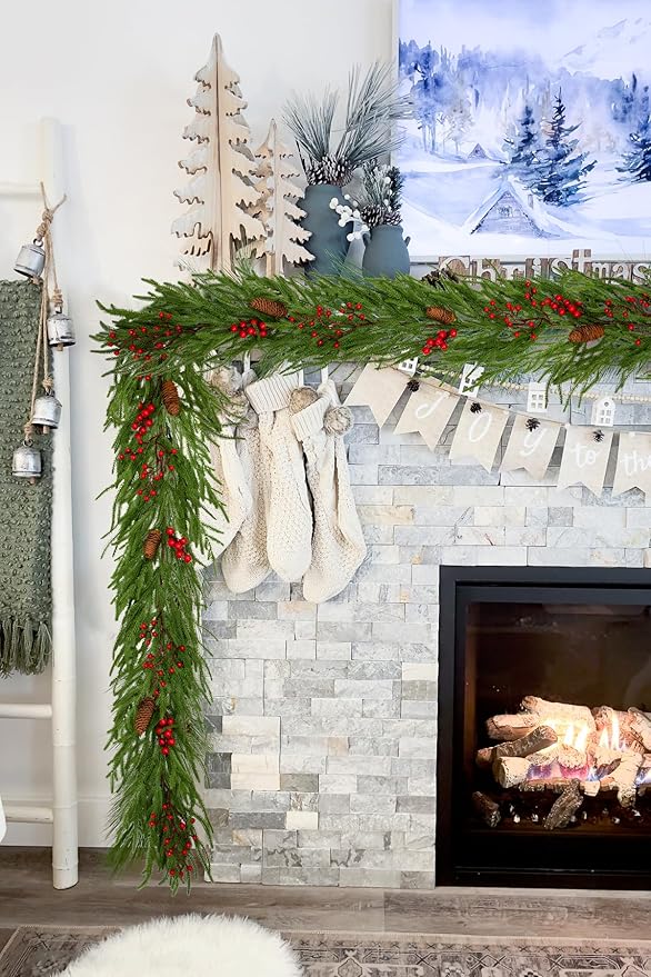 Hollyone 9FT Norfolk Pine Garland Real Touch Winter Pine Garland with Red Berry Christmas Garlands Artificial Greenery for Table Mantle Wall Indoor Outdoor Mantle Holiday Christmas Home Decor