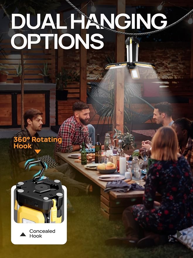 10000mAh Rechargeable Camping Light with Stand 5.6 ft Max Height, with 2 Detachable Lamp Panels, Cordless Led Work Light, Camping Garage Workshop Car Repair