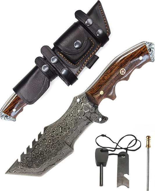 10.5” Handmade Damascus knife- Fixed Blade Hunting Knife with Sheath-Natural red wood Handle-Bushcraft knife-Survival Knife-Camping knife- Ideal For EDC, skinning, Camping, Outdoor-Best Hunting Knives For Men.