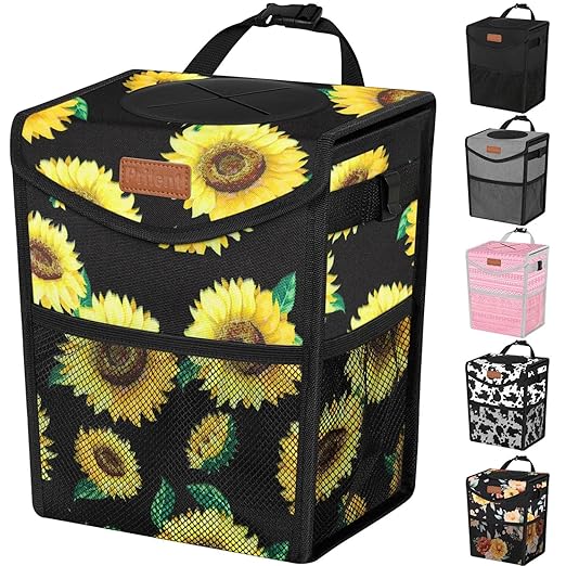 Car Trash Can with Lid, Cute Leakproof Car Trash Garbage Bag Hanging Vehicle Trash Bin Small Portable Automotive Garbage Cans Organizer for Back/Front Seat/Console(Trapezoid,Sunflower)