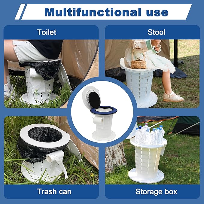 Upgraded Retractable Portable Toilet with Cushion, Adjustable Height Camping Toilets with Lid for Adults and Kids, Compact Portable Potty for Camping, Car, Travel, Boat, Tent and Emergency Use