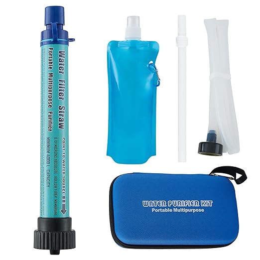Water Filter Straw Kit Outdoor Portable Personal Water Filter Straw Water Purifier Survival Gear and Equipment for Hiking Camping Travel and Emergency Blue