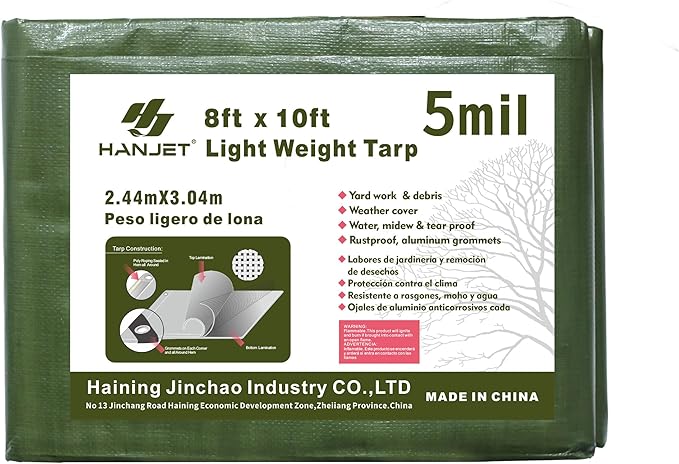 Heavy Duty Tarp Waterproof Outdoor Tarps Multi-Purpose Tear and Rip Proof UV Resistant Green Tarpaulin with Reinforced Grommets and Edges (5mil, 8' x 10')