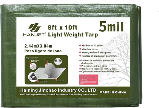Heavy Duty Tarp Waterproof Outdoor Tarps Multi-Purpose Tear and Rip Proof UV Resistant Green Tarpaulin with Reinforced Grommets and Edges (5mil, 8' x 10')