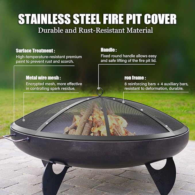Fire Pit Spark Screen, 30Inch Fire Pit Lid Outdoor with Handle & Poker, Heavy-Duty Mesh Firepit Cove, 12 Reinforced Bars for Backyard/Beach/RV Camping