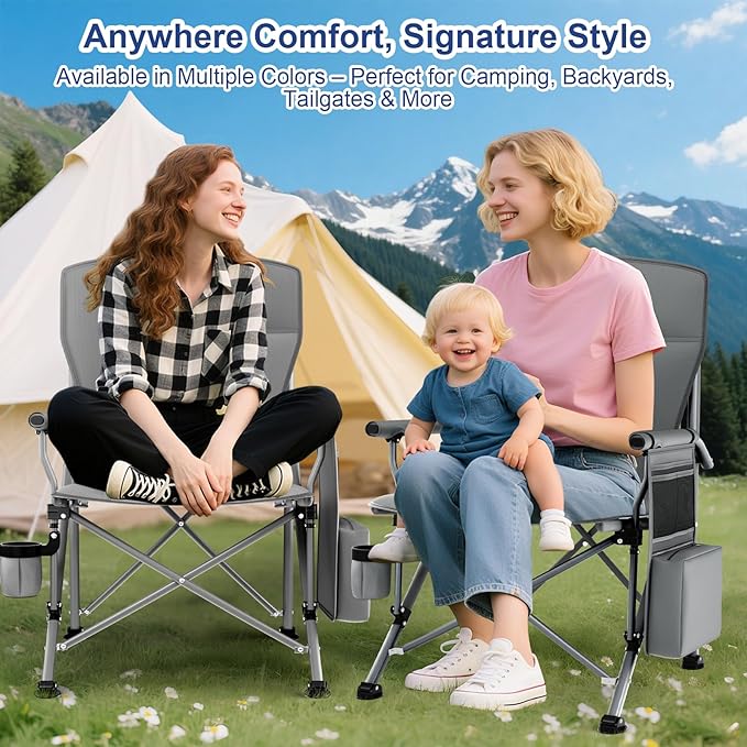 XL Heavy Duty Camping Chair 396lb Capacity (525lb Max) – Waterproof 1680D Oxford Fabric, 2" Padded Seat & Back, Cup Holder, Cooler Pocket, Portable for Camping, Beach & Tailgating (Onyx Black)