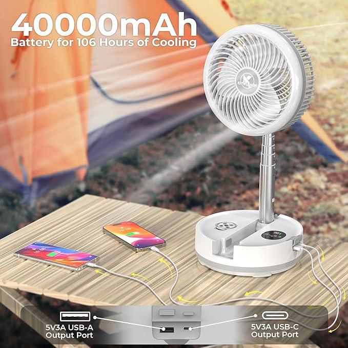 40000mAh Battery Operated Camping Fan - 106Hrs Rechargeable Oscillating Table Fan with Light & Timer, 9 Speeds Portable Travel Fan for Cruise RV Trip, Hurricane Power Outage (10" with Case)
