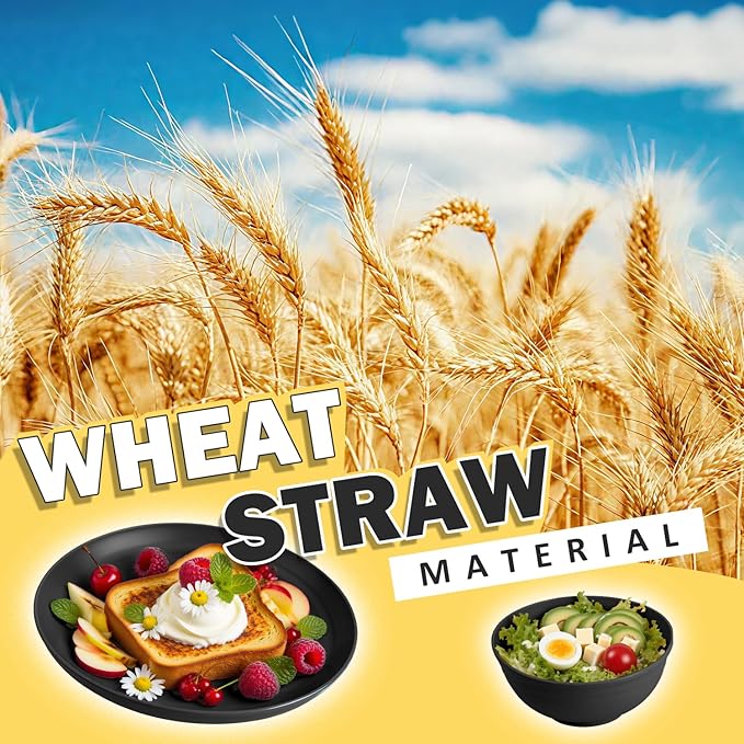Wheat Straw Dinnerware Sets for 8, 32 Piece Unbreakable Plates and Bowls Sets, Alternative Plastic Dinnerware Set for Kitchen Outdoor and Apartment Dinning Essentials - Black