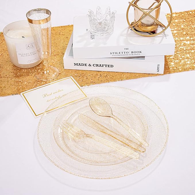 WDF 120PCS Gold Plastic Plates- Disposable Gold Glitter Plates, Premium Heavy Duty 60-10.25" Dinner Plate and 60-7.5" Salad Plate for Thanksgiving Parties &Wedding