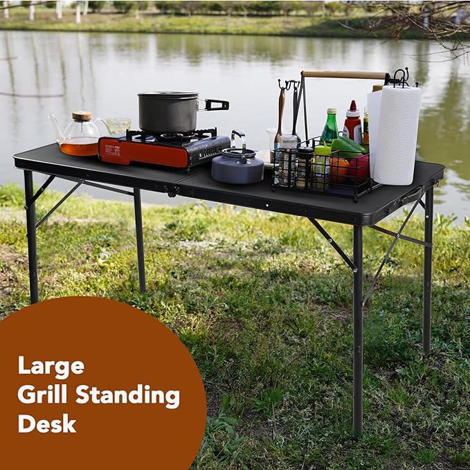 4FT Folding Table, Compact and Portable Camping Table, Adjustable Height Metal Foldable Table for Outdoor Picnic, Garden, Patio, Dining, BBQ, Party, Market (Large, Black), 47.2" x 23.6"
