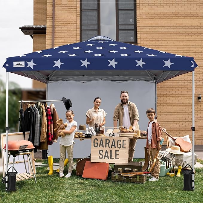 EAGLE PEAK Pop Up Canopy Tent with 1 Sidewall, Easy Setup Event Tent, Outdoor Sun Shade, Wheeled Carry Bag, Stakes and Guy Ropes, Instant Canopy 10x10, American Flag