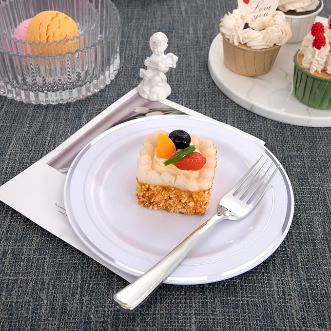 WELLIFE 144 Pieces Silver Plastic Dessert Plates, 7.5 inch Disposable Salad Plates, Premium White Appetizer Plates with Silver Rim, Ideal for Party, Wedding