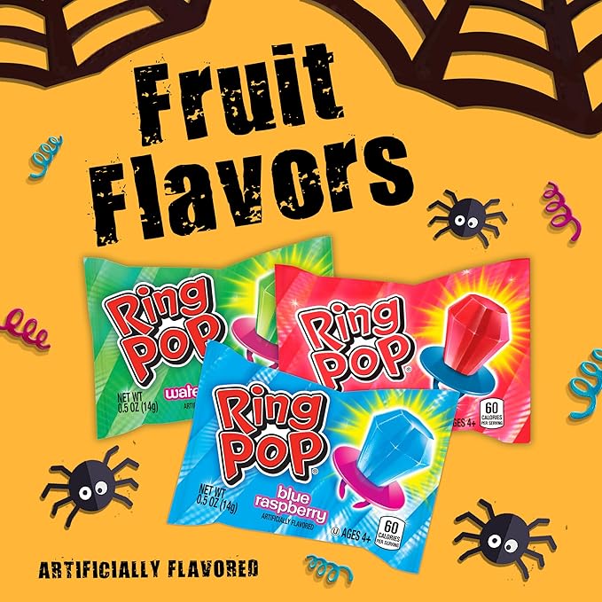 Ring Pop Halloween Candy Lollipops - 50 Ct Bulk Candy Variety Pack in Assorted Fruity Flavors - Full Size, Individually Wrapped Hard Candy For Trick or Treat, Halloween Bowls, Gifts, Party Favors