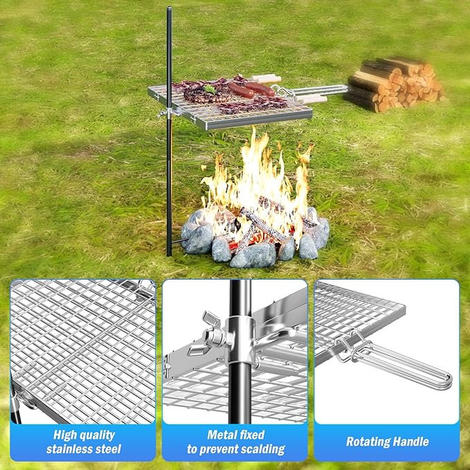Swivel Campfire Grill Grate, 360°Adjustable Heavy Duty Steel Grate Camping Grill, Portable Camping Essentials, BBQ Over Fire Pit Grill, Fire Racks Cooking Equipment for Outdoor Open Flame Cooking