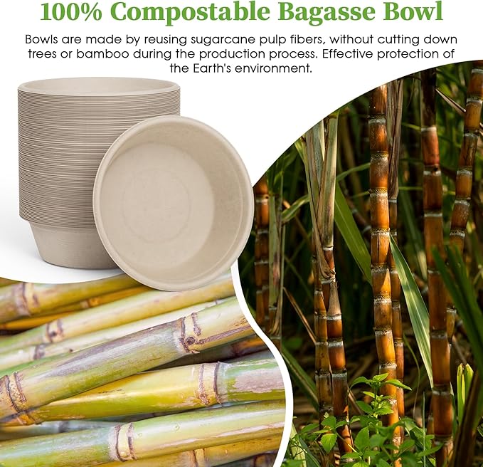 ECOLipak 20 OZ 150 Count Paper Bowls, Disposable Compostable Large Soup Bowl, Heavy Duty Bagasse Bowls for Family Lunch, Dinner Meals, Camping, Party