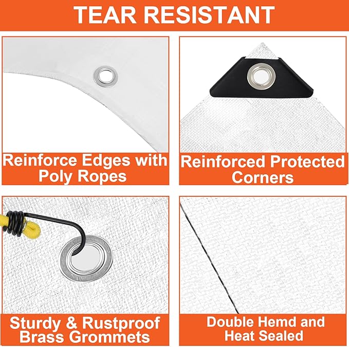 Tarp Waterproof 10x12 Ft Heavy Duty Tarp Thicker 14 Mil Large Tarps with Grommets and Reinforced Edges, UV Resistant Tear&Fade Resistant Plastic Tarp for Outdoor Camping Roof Pool Tent, White