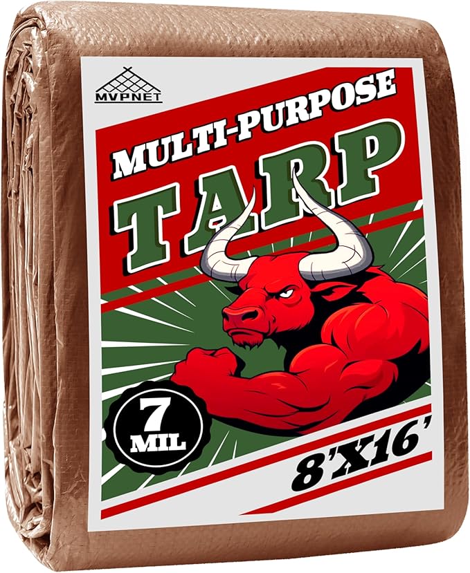 Tarp 8x16 ft 100% Waterproof 7mil Durable Grommets and Reinforced Edges,Uv Resistant,Green/Brown Tarp,Emergency Rain Shelter,Outdoor Cover and Camping Use -by MVPNET