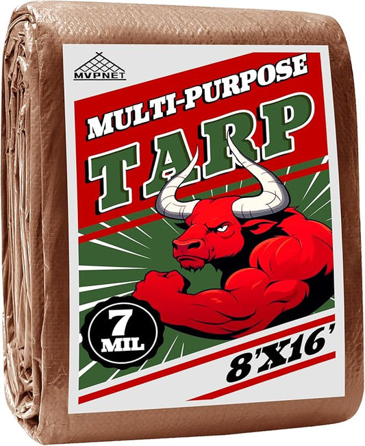 Tarp 8x16 ft 100% Waterproof 7mil Durable Grommets and Reinforced Edges,Uv Resistant,Green/Brown Tarp,Emergency Rain Shelter,Outdoor Cover and Camping Use -by MVPNET