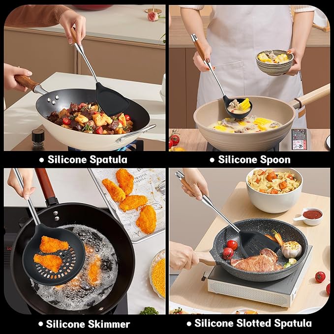 FJNATINH Silicone Spatula,Turner,Ladle,Skimmer Tool Set,Stainless Steel Non Stick Heat-Resistant Cooking Utensils BPA Free Kitchen Utensils Cookware Wooden Handle,4 Pieces