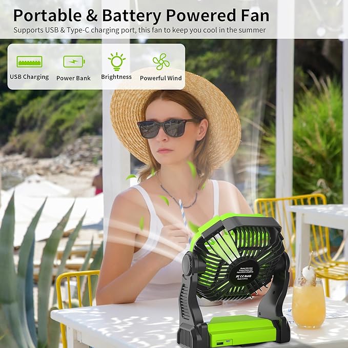 Rechargeable Portable Camping Fan for Tent with LED Light, 270°Pivot USB Personal Battery Powered Fan Outdoor Camping Essentials Battery Operated Portable for Travel X23 Green