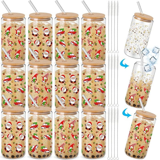 12 Pcs Christmas Color Changing Cups with Lids and Straws 16 oz Christmas Glass Tumblers Xmas Iced Coffee Cup Can Shape Drinking Glasses for Xmas Gift Party Favors Decor (Red Green Pattern)