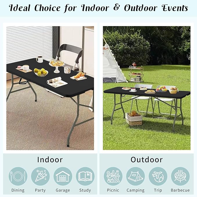 2 Pack 6 FT Folding Tables Black Foldable Table, Fold-in-Half with Carrying Handle Portable Plastic Rectangular Table for Party, Dining, Wedding, Camping, Picnic, Indoor Outdoor Events