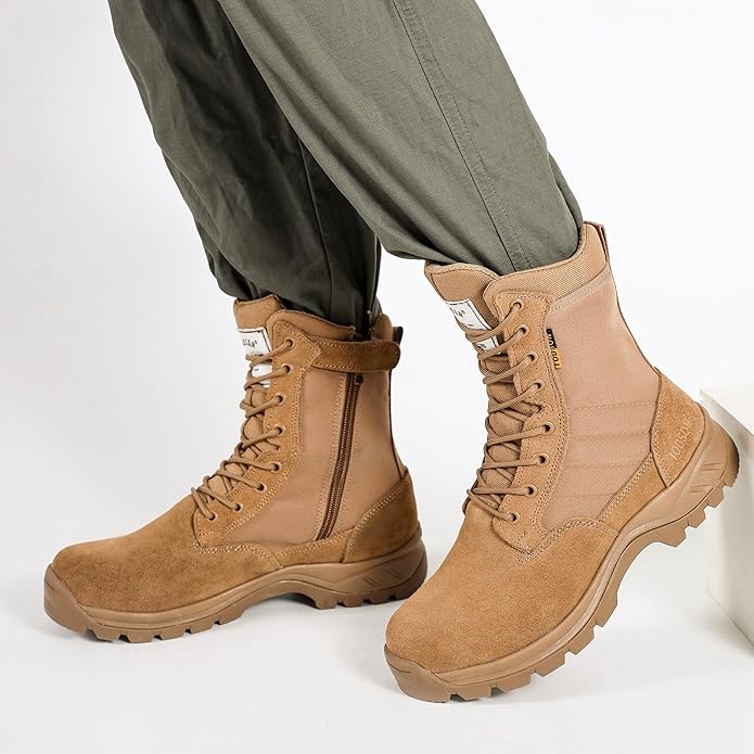 Men's Military Tactical Work Boots with Side Zipper, Puncture Resistant, Desert Combat, Army Jungle, 8 Inch Lightweight Hiking Boots