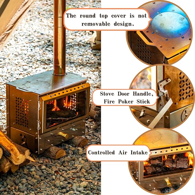 Hot Tent Stove, Heavy-Duty Stainless Steel Wood Burning Camping Stove with Chimney Pipes for Outdoor Cooking