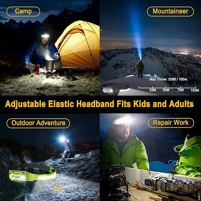 2-in-1 LED Headlamp Rechargeable, Sensing COB Headlamp Flashlight, IP65 Waterproof Magnetic 9 Modes Head Light for Adults Night Running Camping, Fishing, Hiking, Repair and Gift (Green)