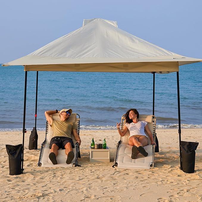 FUNDANGO 10x10 Pop Up Canopy Tent, Beach Canopy Tent, Outdoor Sunshade Canopy with Quick Open Frame, Extra Eave&Wheeled Carry Bag, Silver Coated top, Khaki