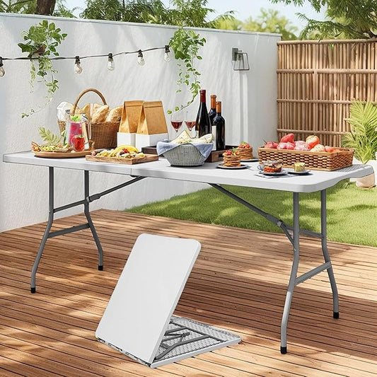 YITAHOME 6ft Folding Table, Heavy Duty Picnic Table w/1.5" Thick Tabletop, Portable Outdoor Folding Table w/Carrying Handle for Camping Picnic Parties/Indoor Events, White