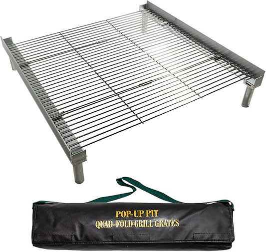 Fireside Outdoor Pop-Up Fire Pit Grill Grates - Folding Campfire Grill Grate Over Fire Pit Grate, Portable BBQ Grills, Camping Cooking, Camping Essentials, Outdoor Cooking - Quad-Fold Grates