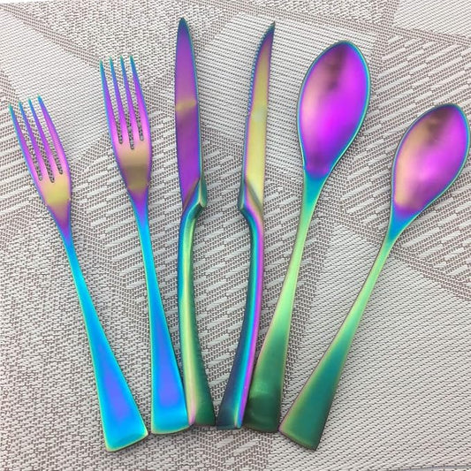 Rainbow Silverware Set, 6-Piece Stainless Steel Flatware Set Service for 1, Tableware Cutlery Set for Home and Restaurant, Knives Forks Spoons, Matte Finish, Dishwasher Safe (Rainbow)