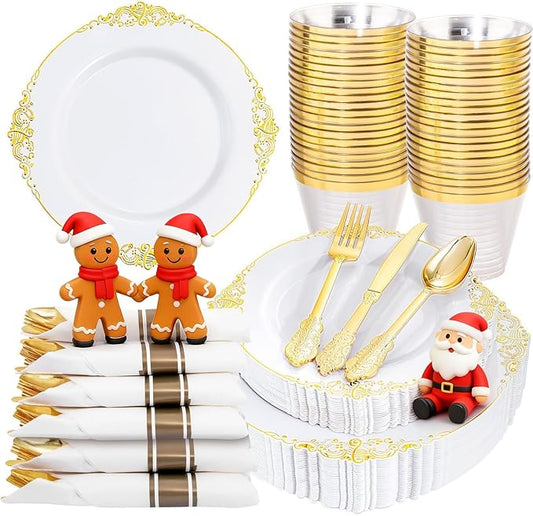 Nervure 175PCS Gold Plastic Plates - Disposable White Gold Party Plates & Pre Rolled Napkins with Cutlery for 25 Guests, 50Plates, 75Silverware, 25Cups, 25Napkin for Wedding & Party & Thanksgiving