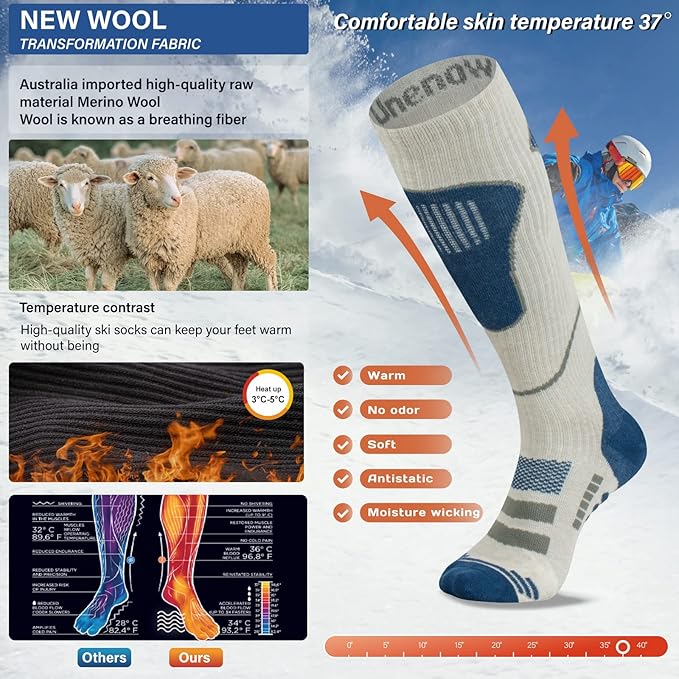Merino Wool Ski Socks 2 Pairs, Thermal Knee High Warm Socks for Snowboarding, Hiking, Cold Weather, Snow, Hunting