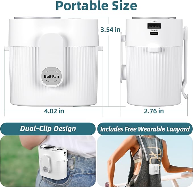 Portable Waist Clip Fan: 20000 RPM Turbo Cooling - Rechargeable 8000 mAh Battery and LED Display - 5 Speed Belt Fan on Shirt for Outdoor/Jobsite/Camping/Travel - White