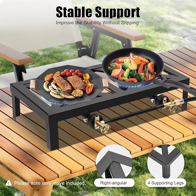 Double Burner Gas Stove, 8000W Portable Outdoor Propane Stove with Adjustable 0-10Psi Regulator Hose for Patio Camping, BBQ, Home Brewing, Turkey Fry, Maple Syrup Prep