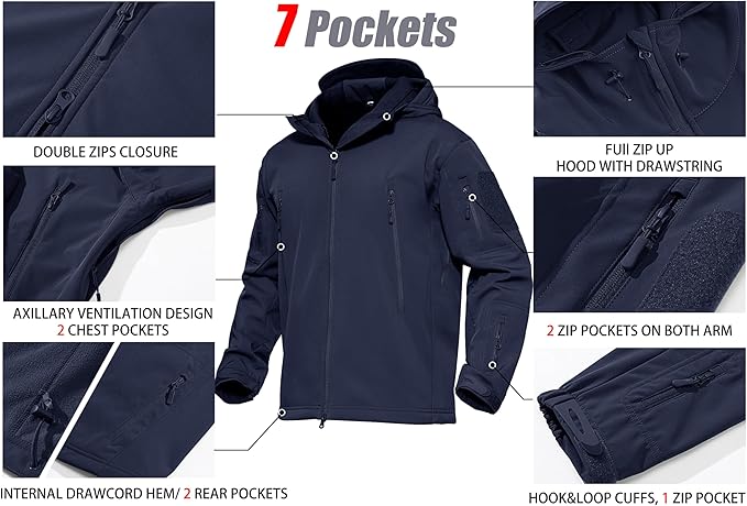 MAGCOMSEN Men's Tactical Jacket 7 Pockets Performance Fleece Lined Water Resistant Ski Snow Soft Shell Winter Coats