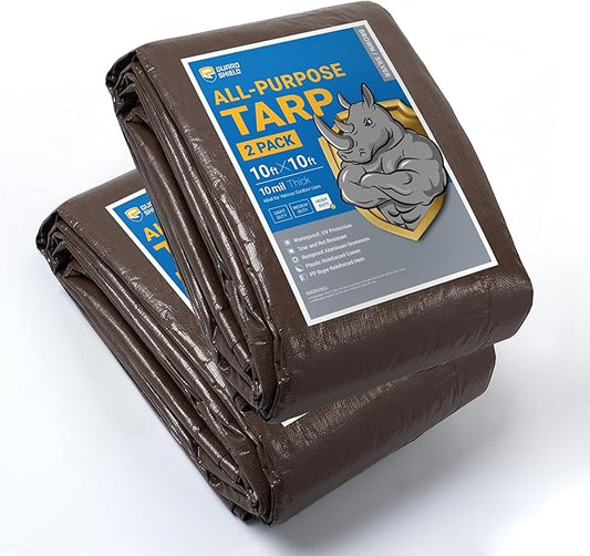 GUARD SHIELD Tarps Heavy Duty Waterproof 10x10 Feet Brown/Silver Poly Tarp Cover Outdoor Thick UV Resistant Tarpaulin with Grommets 10mil (2-Pack)
