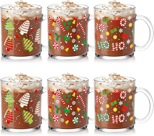 Baderke 6 Pcs Christmas Glass Mugs Gifts Set 12 oz Christmas Coffee Mugs Bulk with Handle Winter Xmas Coffee Cups Xmas Glass Cups for Women Men Holiday Milk Hot Cocoa Kitchen Party Decor