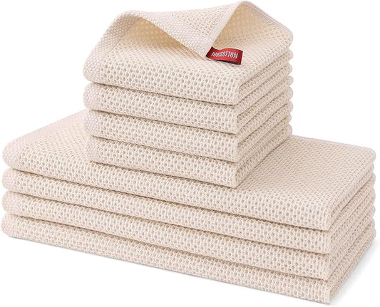 Kitinjoy 100% Cotton Kitchen Towels and Dishcloths Set, 8 Pack-13" x 28" and 12" x 12" Waffle Weave Dish Towels, Ultra Soft Absorbent Quick Drying Dish Rags, Beige
